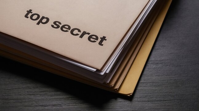 Top secret file with sensitive information on desk. Documents piled in folders, implying covert operations or government classified data. Confidentiality and privacy matters.