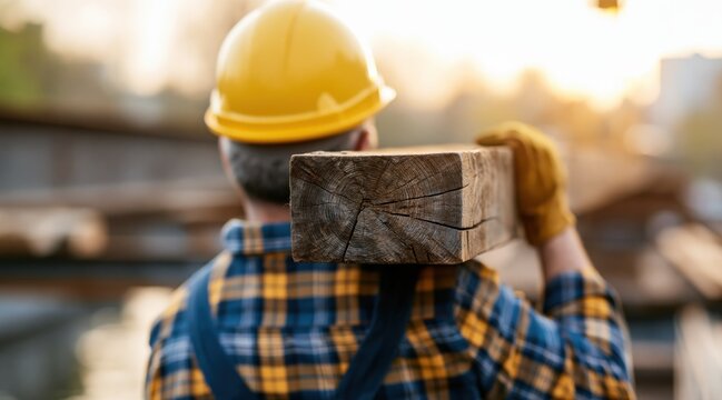 Construction worker carrying wooden beam on shoulder at sunset