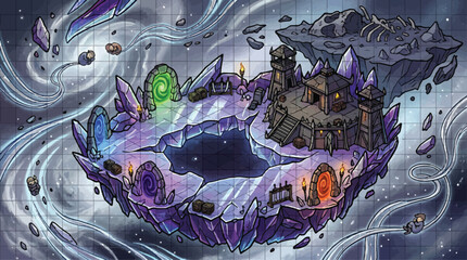 Fantasy RPG battle map of floating crystal island, isometric game level design with magic portals and fortress, ethereal space environment vector illustration © xantii