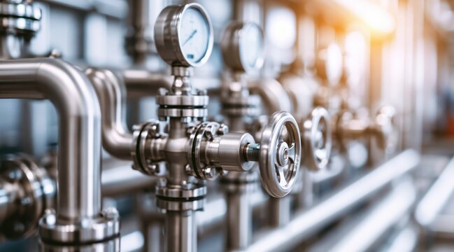 Industrial stainless steel piping system with valves and pressure gauges