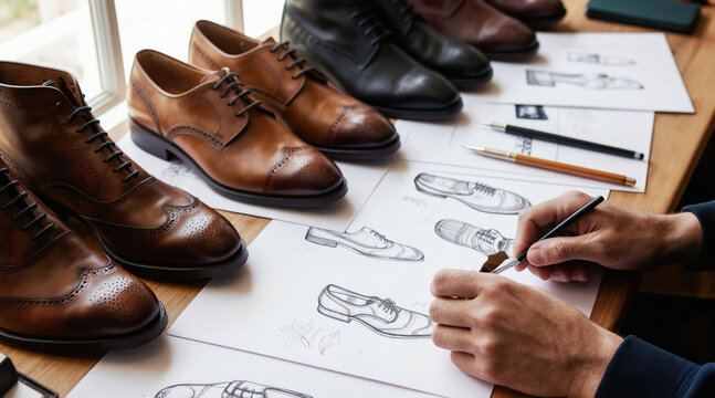 Man sketches shoe designs at table with leather footwear samples. Male designer draws footwear blueprints working on new collection in workshop.