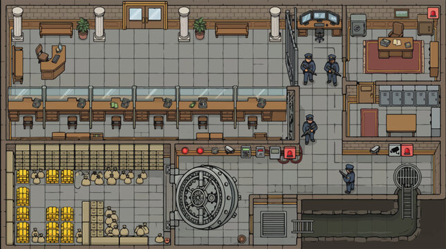 Pixel art bank interior with vault and security guards, retro 2D game map of financial building, top-down view of bank heist level design with gold bars