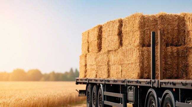 Truck trailer loaded with square hay bales in field at sunset
