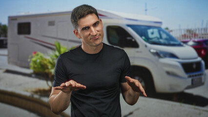 Fototapeta premium Man wearing black t shirt with palms down gesture and bare hands visible, standing on street in front of camper van and planter; confidence travel adventure.