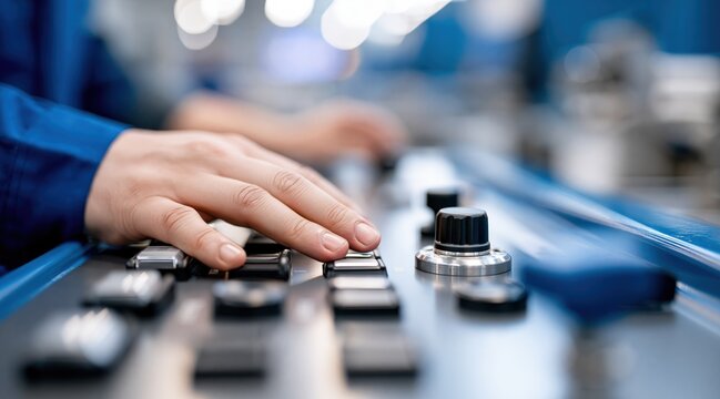 Hand operating industrial control panel with buttons and knobs