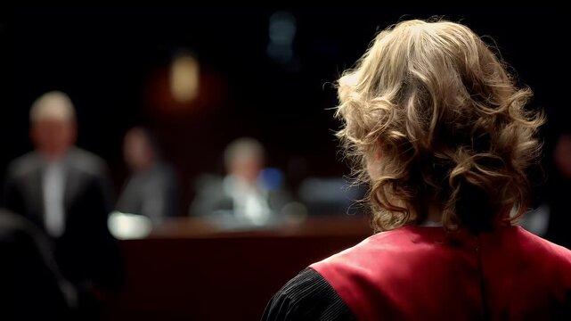 Female diversity. Human rights, equal opportunity concept. A closeup shot of a womans back, captured from behind. She has wavy blonde hair and wears a red vest over a black top.
