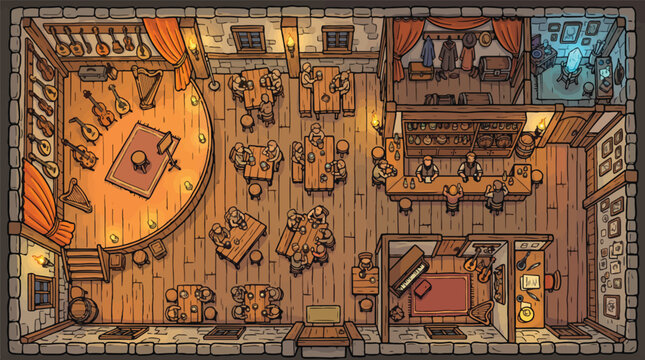 Medieval fantasy tavern interior map, top-down view of a rustic inn with stage and bar, hand-drawn tabletop rpg battle map vector, cozy wooden pub with musical instruments and furniture