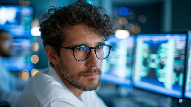 Close-up of a cybersecurity expert monitoring multiple critical screens showing data breach and system failure alerts in a dark server room, critical alert monitoring concept,