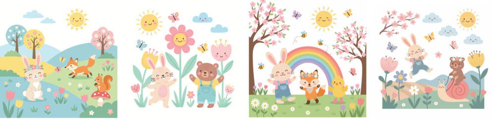 Obraz premium Cute and playful flat illustration with a soft pastel atmosphere and cheerful spring theme, vector set isolated on white