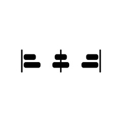 Minimalist text alignment icon set featuring left, center, and right alignment symbols. Solid black vector illustration representing paragraph formatting, typography layout controls. © Aditya