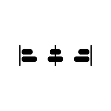 Minimalist text alignment icon set featuring left, center, and right alignment symbols. Solid black vector illustration representing paragraph formatting, typography layout controls.