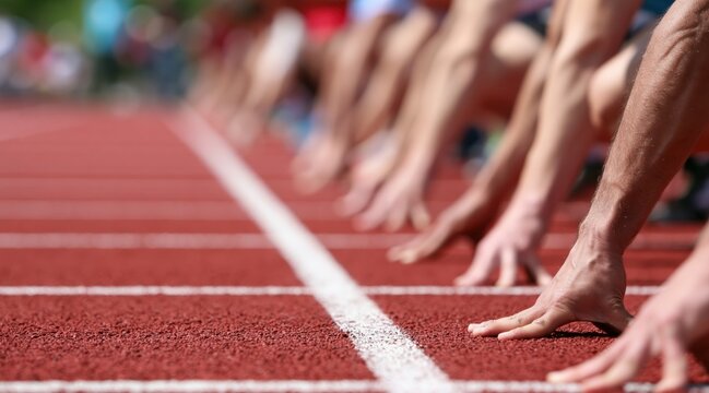 Athletes hands on starting line of red running track
