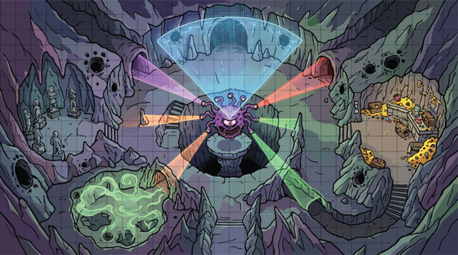 Fantasy dungeon battle map, isometric underground cavern lair with monster boss, tabletop rpg game level design, mystical cave environment with glowing portals