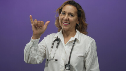 Middle aged hispanic woman doctor wearing a white shirt and stethoscope smiles and raises hand in...