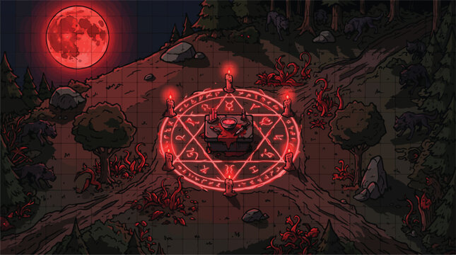 Occult magic ritual circle in dark forest, glowing red pentagram with runes under blood moon, mystical demonic summoning altar vector illustration