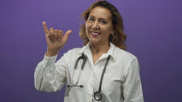 Middle aged hispanic woman doctor wearing a white shirt and stethoscope smiles and raises hand in purple studio; compassion.
