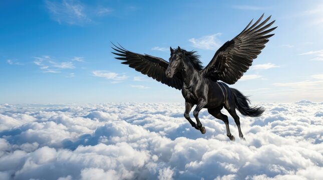 Majestic Black Winged Horse Flying Above Bright Clouds in Blue Sky
