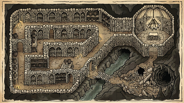 Vintage fantasy dungeon map, hand-drawn underground catacombs with skull walls, isometric tabletop RPG battle map, medieval ossuary and crypt illustration