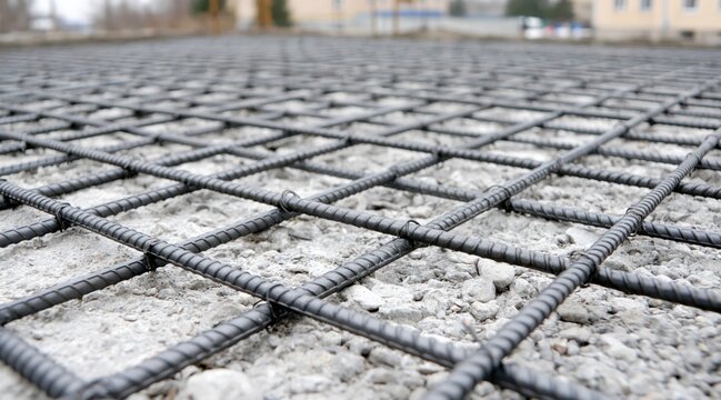 Reinforcement steel mesh on construction site foundation