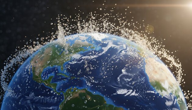 Earth, vibrant blue and green planet with water splashing, dramatic lighting, symbolizing environmentalism and conservation for ecology and sustainability.