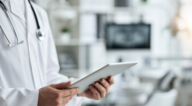 Doctor in white lab coat holding digital tablet in medical office
