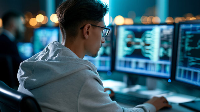 Rear view of a focused cybersecurity expert from behind monitoring complex data on multiple screens at night, intense monitoring concept, dark control room programming
