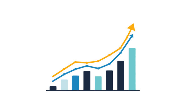 Bar chart with rising lines graph on transparent background