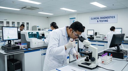 Fototapeta premium Scientists in a clinical diagnostics lab conducting tests using microscopes and advanced laboratory equipment.