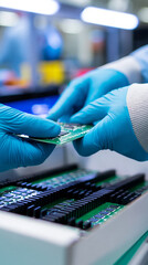 Fototapeta na wymiar Hands in protective gloves assembling electronic circuit board components in high-tech manufacturing environment.