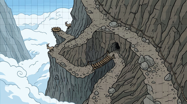 Fantasy mountain path vector illustration, dangerous cliff trail with rope bridge and cave, high altitude mountain landscape with clouds and goats