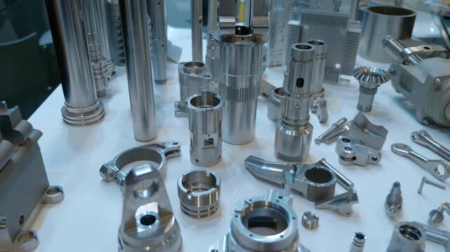 Complex metal parts made on a milling machine, shining in the light, are on display at the exhibition. Closeup. Shot in motion