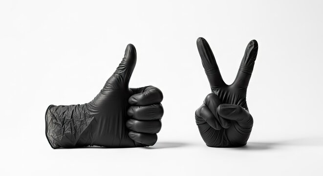 Black gloved hands showing thumbs up and peace sign on white background