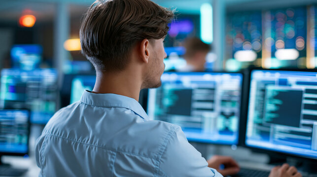 Rear view of an IT technician analyzing data in a server room with multiple monitor displays visible, server room monitoring concept, IT data analysis photography, tech