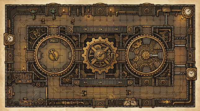 Steampunk clockwork factory floor plan, vintage industrial machine room battle map, brass gears and mechanical engine interior, fantasy tabletop rpg dungeon background