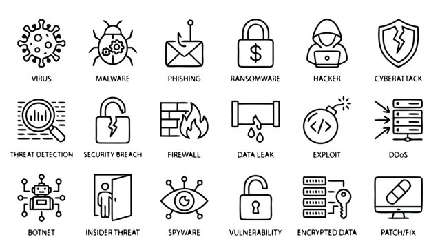 18 Cybersecurity Threat Line Icons: Virus, Malware, Pishing, Ransomware, Hacker Cyberattack, Threat Detecion, Security Breach, Fireall, Data Leak, Exploit, DoS, Botnet, Insider Threat Spyware.