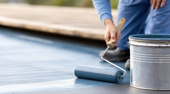 Worker applying blue waterproof coating on flat roof with roller