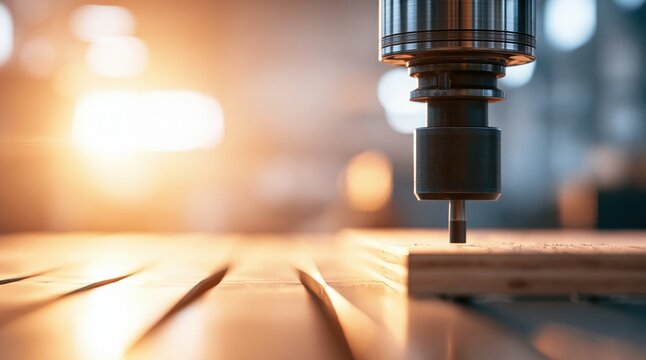 Close up of cnc milling machine spindle carving wood panel in industrial workshop