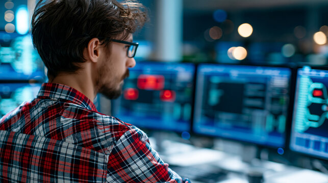 Rear view of a cybersecurity expert monitoring server room screens with red alert notifications displayed, cyber attack monitoring concept, alert notification photography, data