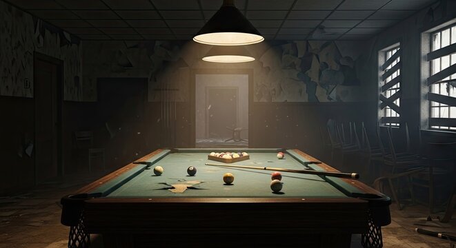 Billiard table in a dimly lit room with overhead lighting and cue stick