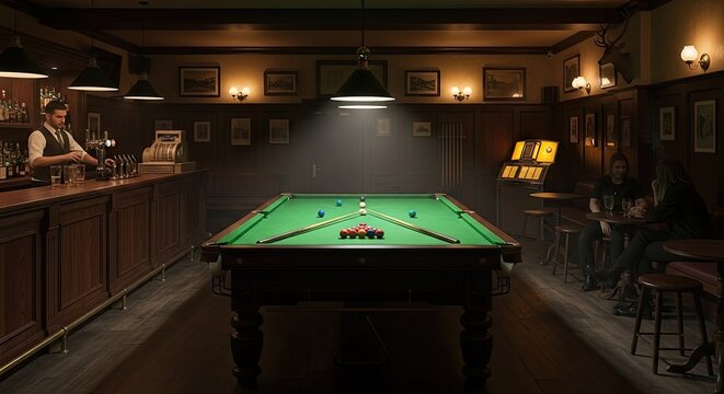 Billiard table in dimly lit pub with bar player cues and balls ready