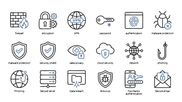 Professional Cybersecurity Line Icon Set Featuring Firewall, Encryption, VPN, Password, Authentication, Malware Protection, Security Shield, Data Privacy, Cloud Security, Network, and Phishing.