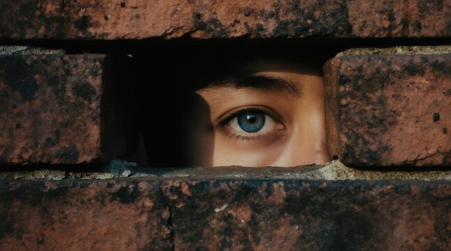 Blue eye peeks through gap in old brick wall. Person watches secretly from behind rough masonry. Curious gaze observes something hidden. Texture of aged bricks is visible.