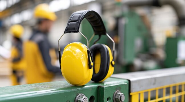 Yellow earmuffs for hearing protection in industrial workshop