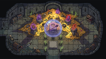 Fantasy dungeon treasure room vector, pixel art style gold hoard in stone vault, magical loot chests and glowing artifacts for game design © xantii