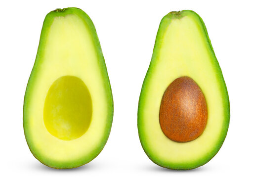 Halved avocado isolated on white background. Half of avocado with seed and without seed.