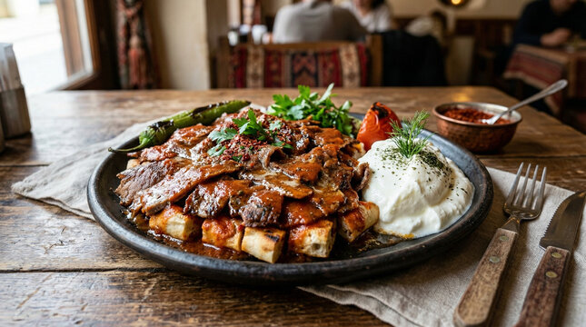 sliced doner meat with tomato sauce and yogurt