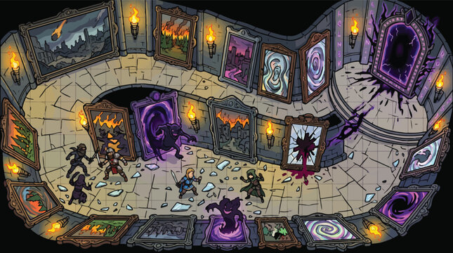 Fantasy dungeon battle in haunted gallery, dark magic portal and cursed paintings, isometric rpg game art vector illustration, warriors fighting shadow monsters