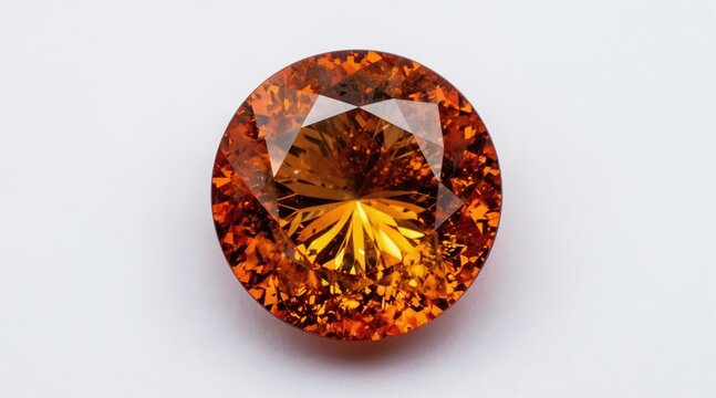 Faceted spessartine garnet gemstone glows with warm orange hues. Polished precious mineral displays brilliant light refraction. Natural beauty shown on clean white backdrop for jewelry design