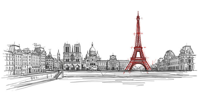 A detailed hand-drawn sketch of the iconic Parisian skyline, featuring the Eiffel Tower, Notre Dame Cathedral, and other notable landmarks.