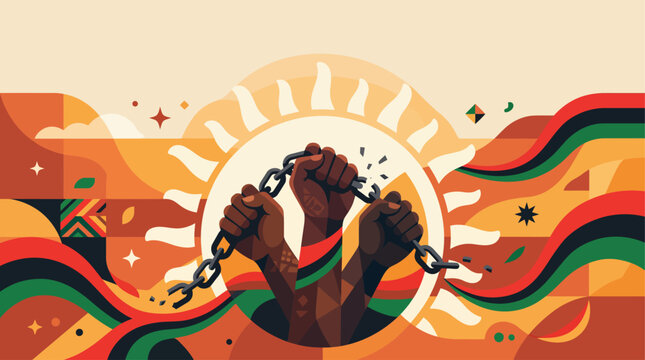 Juneteenth Freedom Day background with three powerful hands breaking metal chains together in front of stylized sun vector illustration